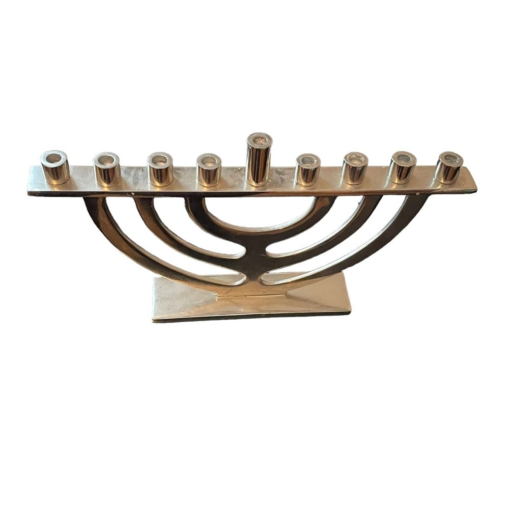 Vintage Art Hanukkah Menorah Israel Heavy Silver Tone Metal Shamas Base Judaica